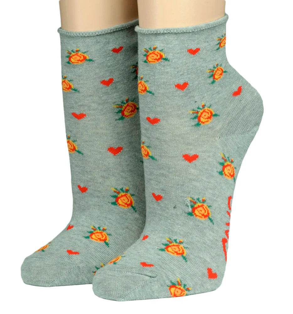 CRÖNERT Kurzsocken mit Rollrand Rosenblüten und Herzen grau
