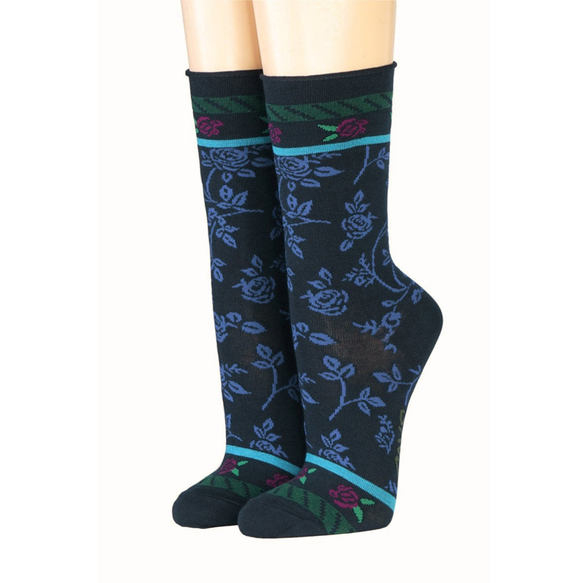 Damensocken von Crönert, Rosen auf Marine
