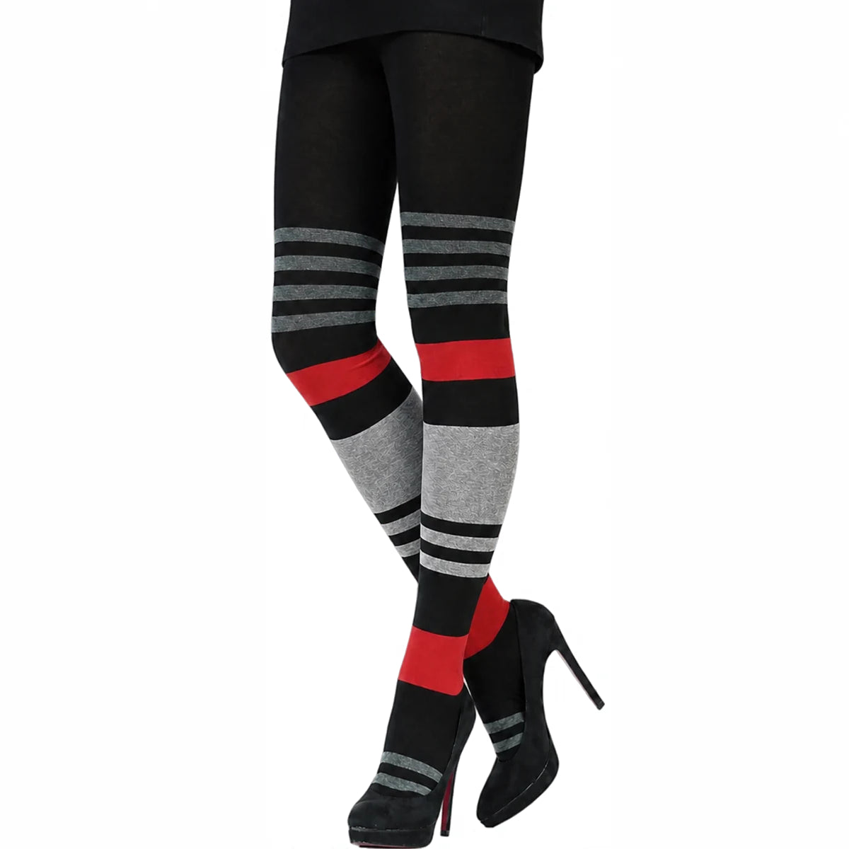 Crönert Strickstrumpfhose mit Blockstreifen rot, grau und schwarz