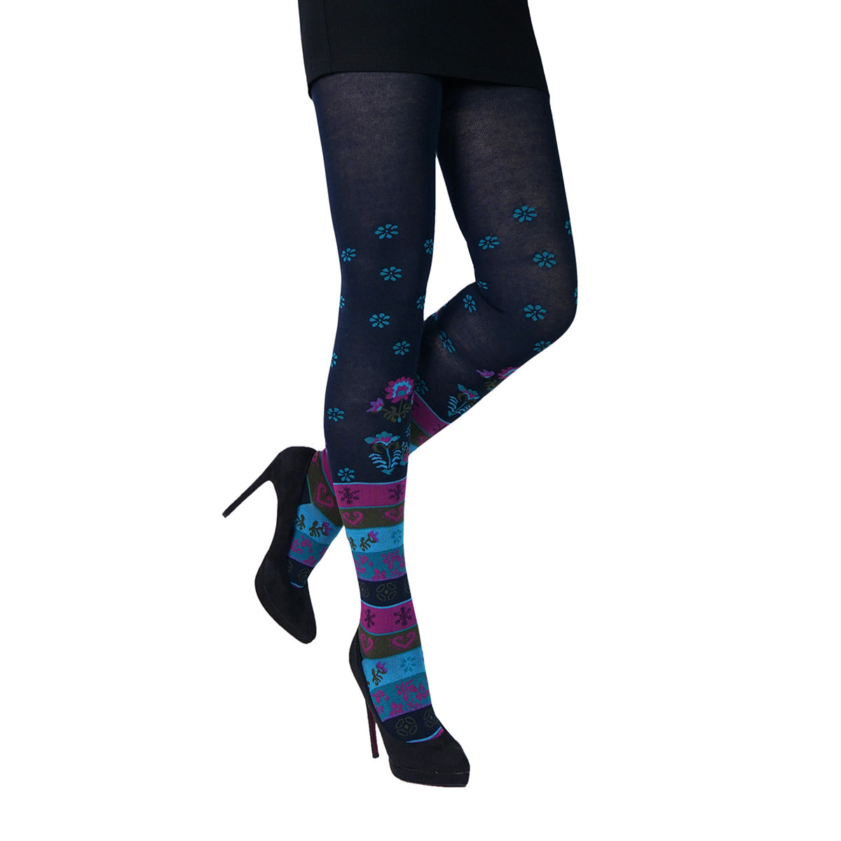 Crönert Strickstrumpfhose Cosima, Blumen, Blüten und Ringel auf marineblau
