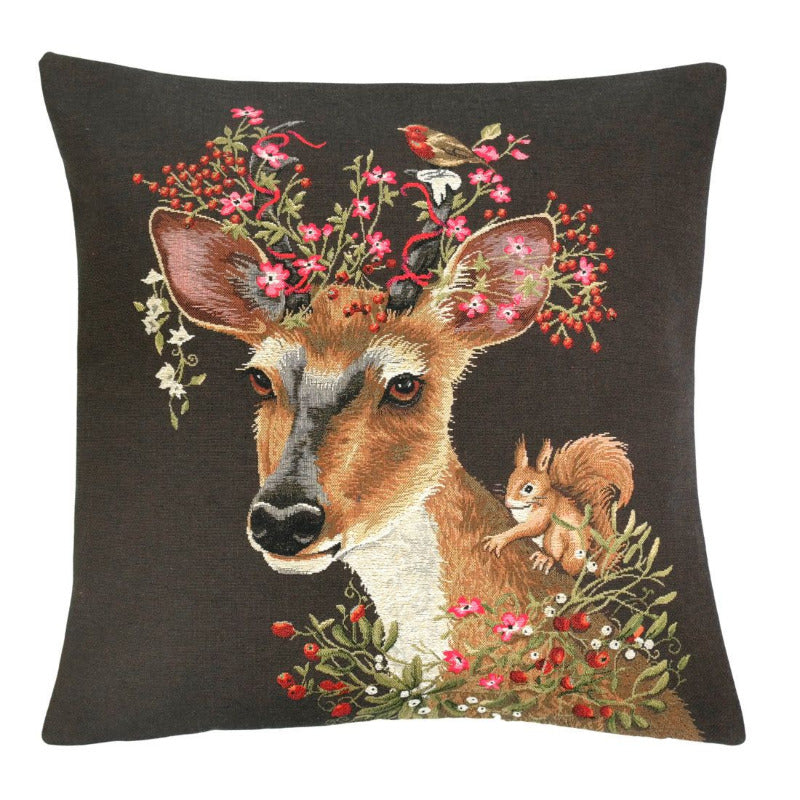 Gobelin Zierkissen Rehbock und Eichhörnchen vor braunem Hintergrund