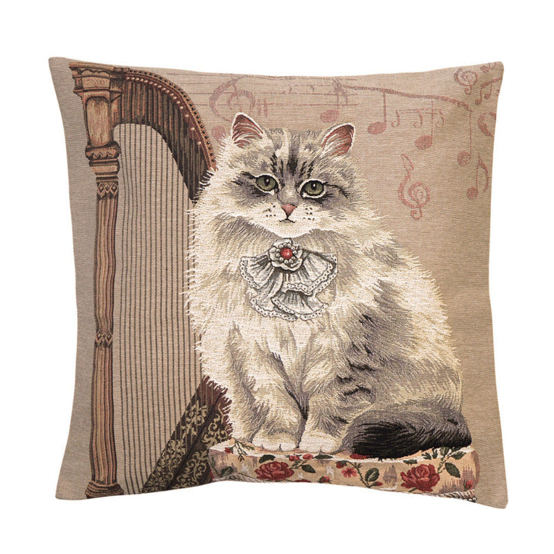 Gobelin Kissenhülle Katze mit Harfe – 45×45 cm