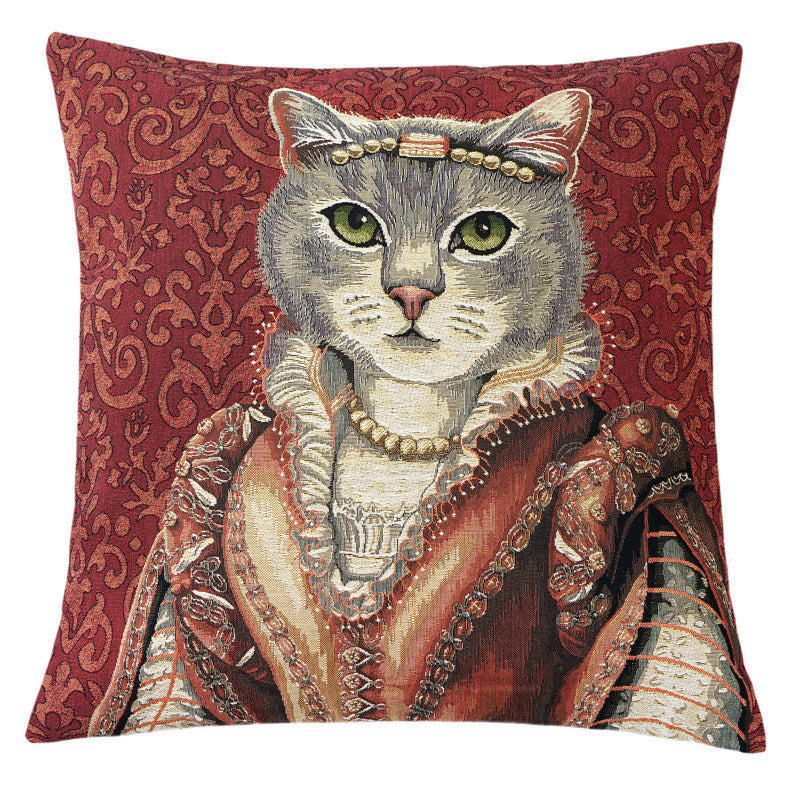 Gobelin Kissenhülle Katze mit Diadem – Weinrot, 45×45 cm