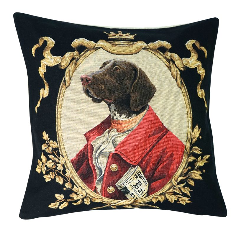 Gobelin Kissen Hund in roter Jacke