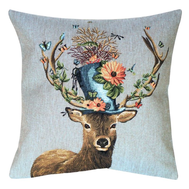Gobelin Kissenhülle Hirsch mit blauem Zylinder – Zierkissen 45x45 – Beletage-style
