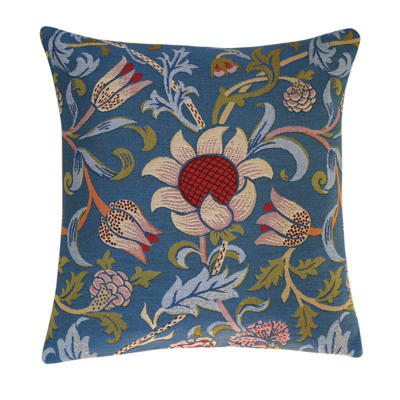 Gobelin Kissen mit Blüten auf taubenblau