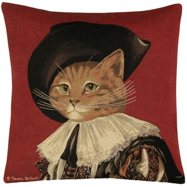Gobelin Kissenhülle Kater Musketier – Weinrot, 45×45 cm