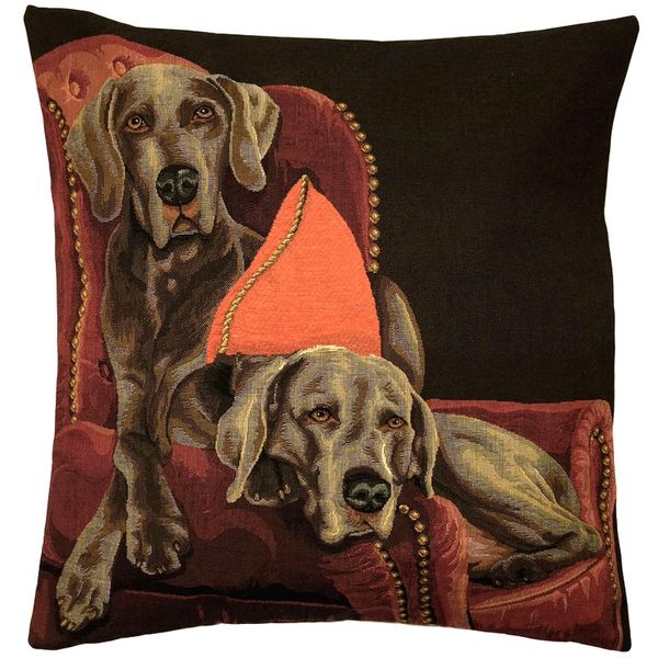 Gobelin Kissenhülle Weimaraner roter Sessel 45×45