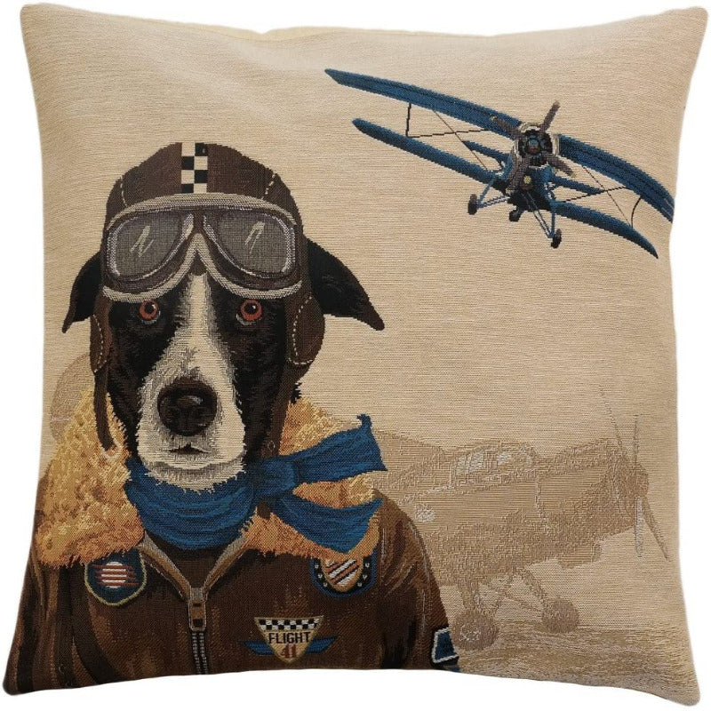 Gobelin Kissen Hund in Fliegeruniform Flugzeug