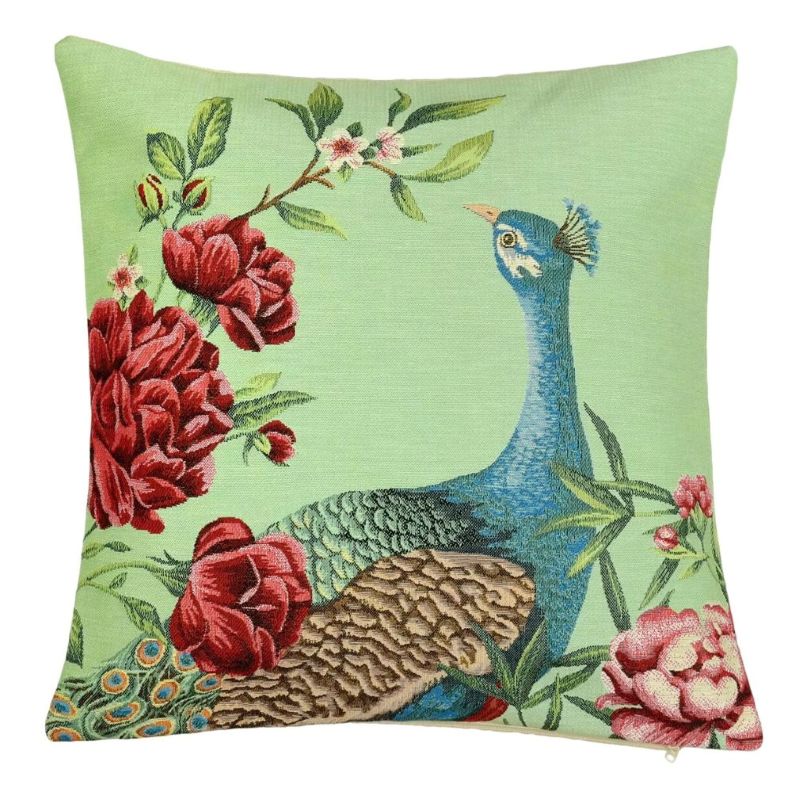 Elegante Gobelin-Kissenhülle mit blauem Pfau und Pfingstrosen, pistazienfarbener Hintergrund, 45x45 cm