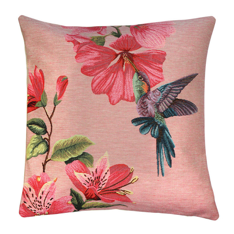 Gobelin-Kissenhülle mit Kolibri zwischen Blüten, rosenholzfarbenem Hintergrund, 45x45 cm, detailreich und dekorativ.