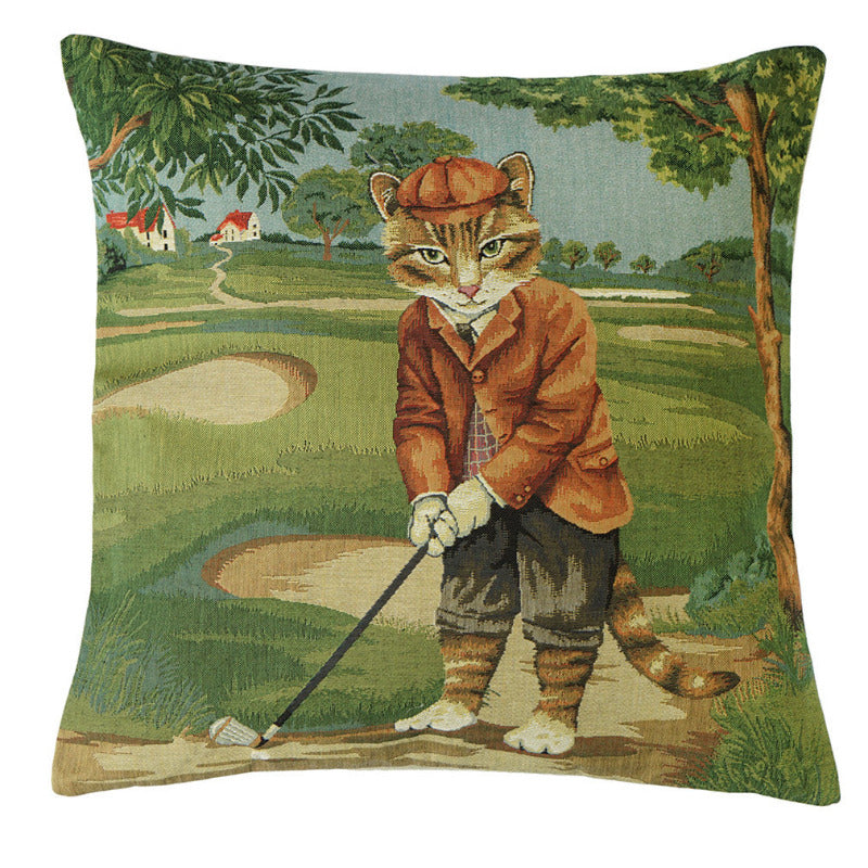 Gobelin Kissenhülle Katze beim Golf – 45×45 cm