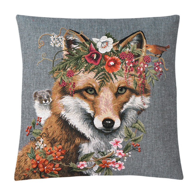 Gobelin Kissenhülle Fuchs und Hamster – florales Motiv 45x45 – Beletage-style