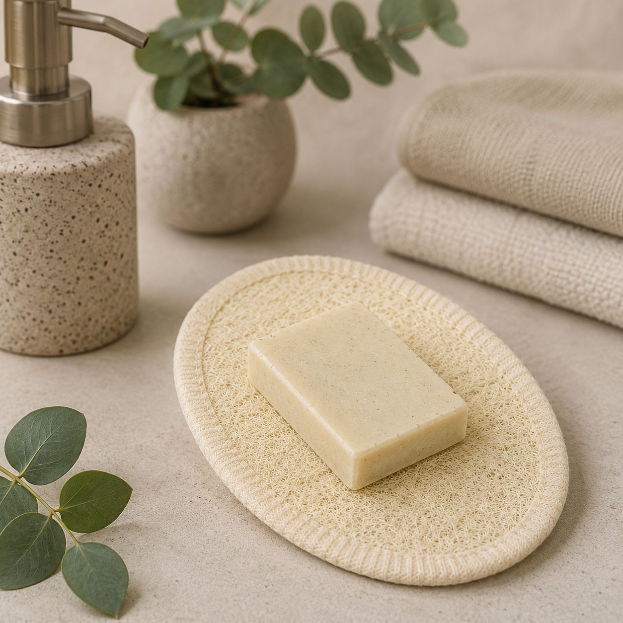 Luffa-Seifenablage mit Seifenstück