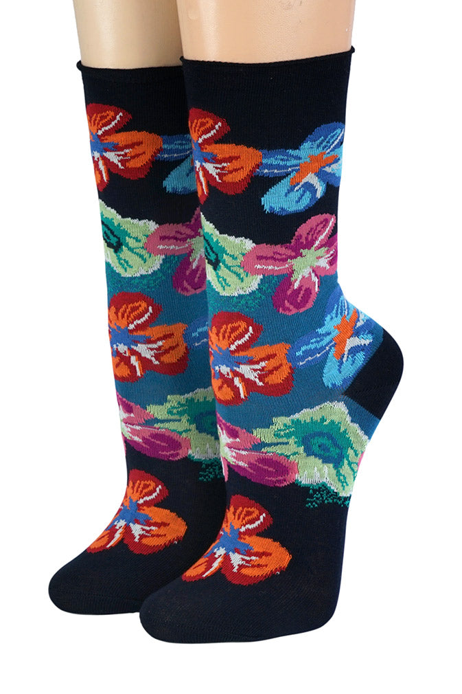 Crönert Longsocks Rollrand große Blüten auf Blau