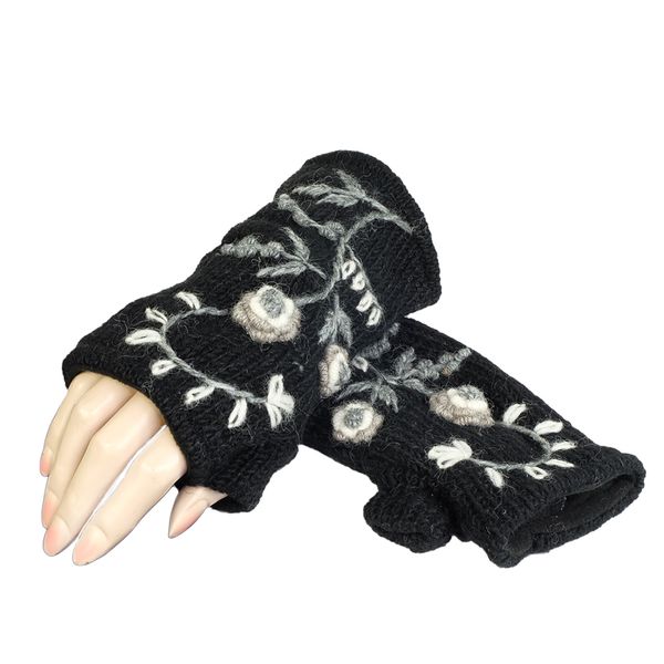 Armstulpen Blüten Wolle Schwarz