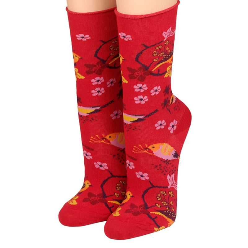 Damensocken Vögel Blütenzweigen Rot