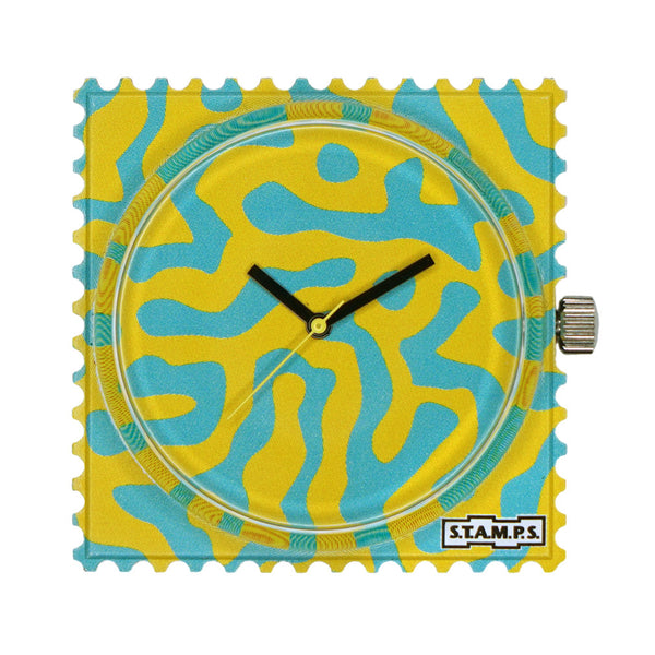 Stamps Uhr Motiv abstrakt in gelb und türkis