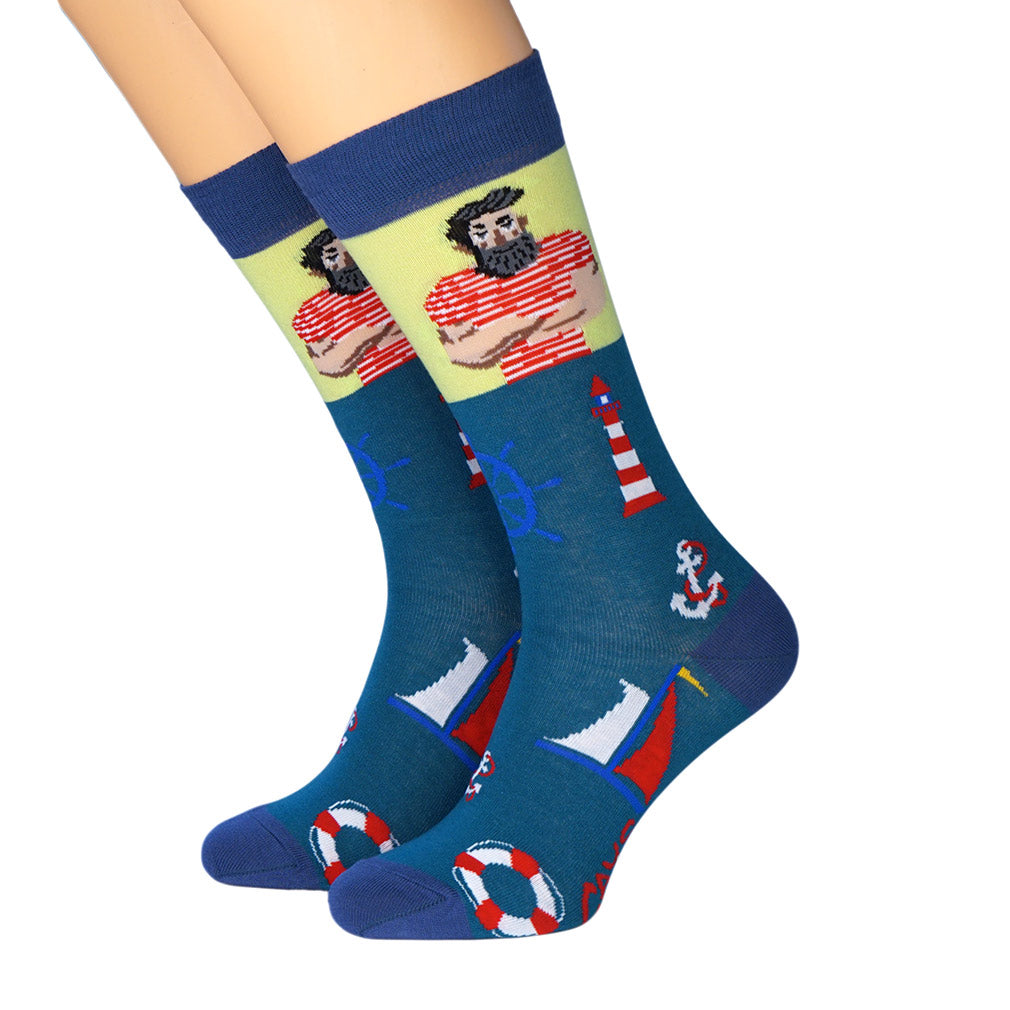 Herrensocken von Crönert Matrose, Leuchtturm, Segelbooz und Anker auf blau