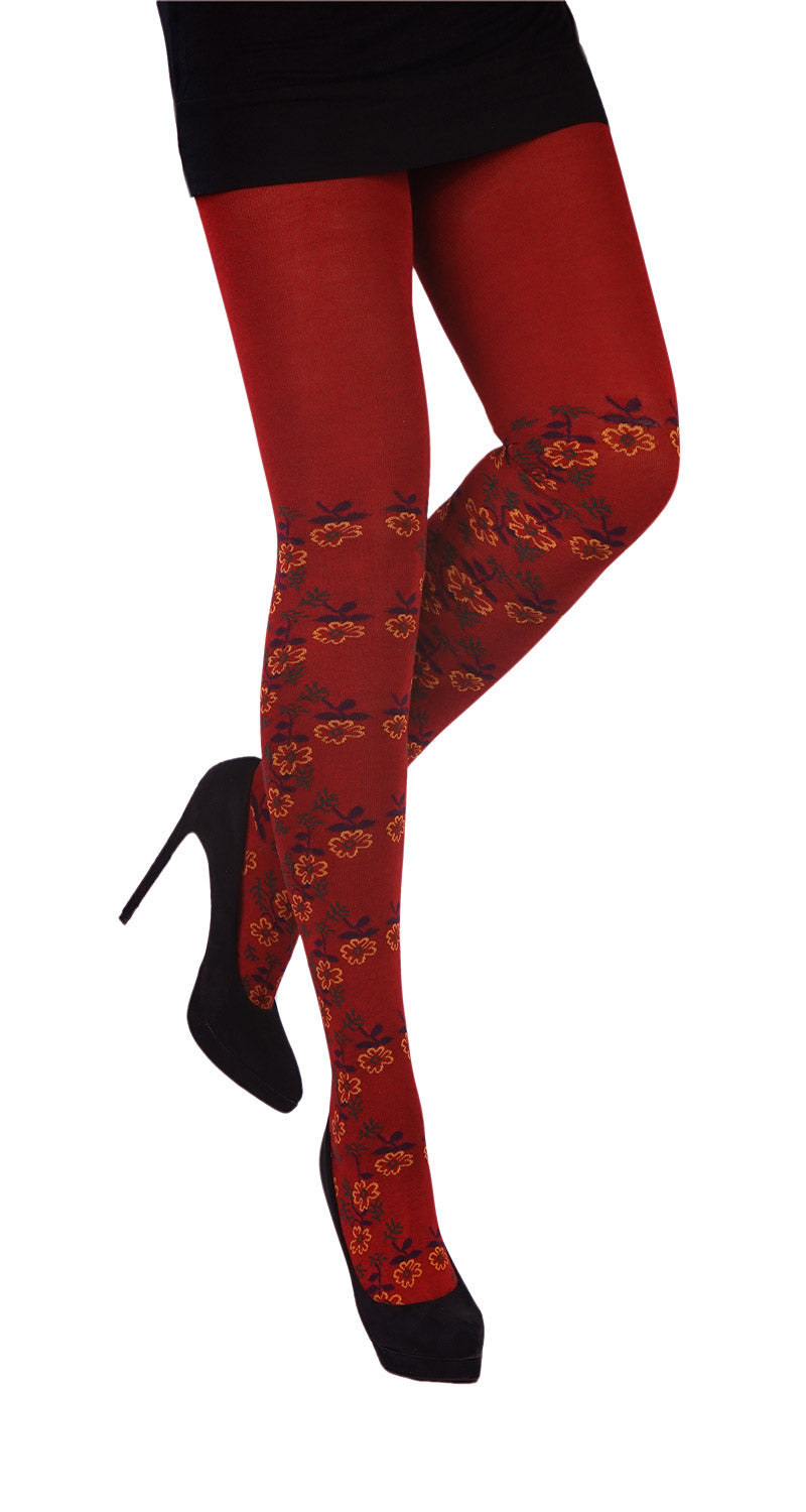 rote Strickstrumpfhose mot kleinen gelben Blüten