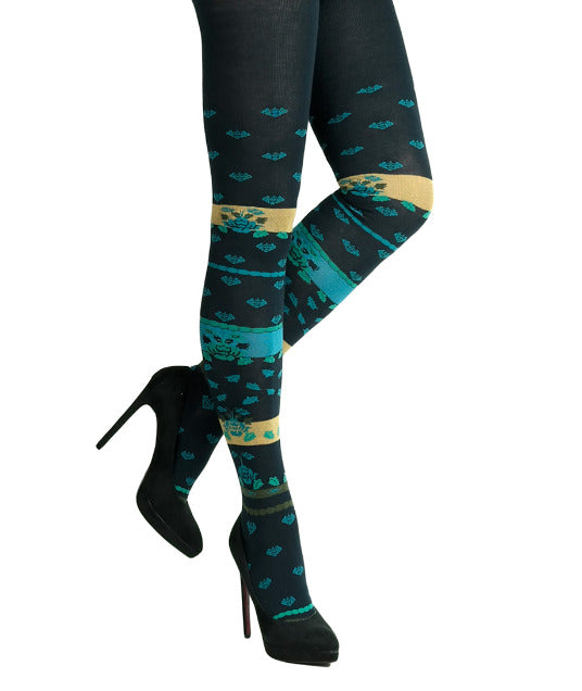 Strickstrumpfhosen Streifen und Blüten Blau Crönert