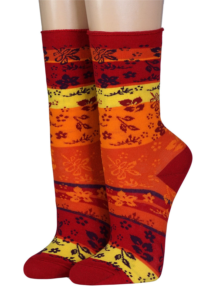 Socken Rot Gelb Blüten Blockstreifen