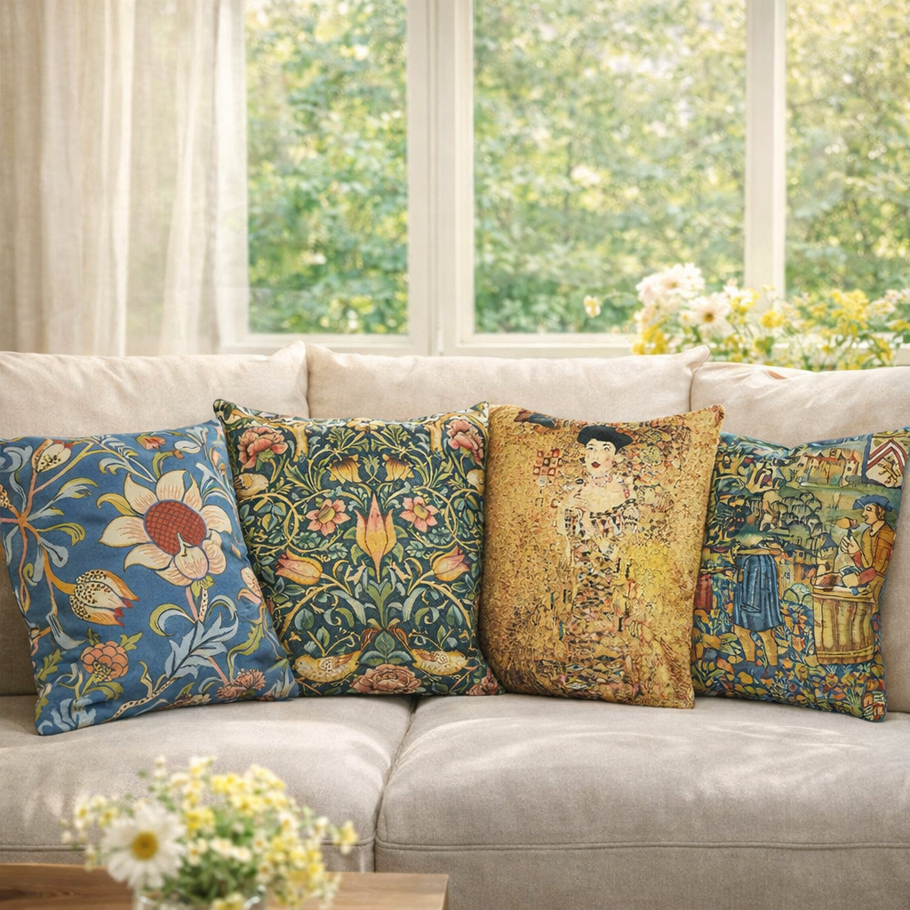 Gobelinkissen auf einem Bett drapiert