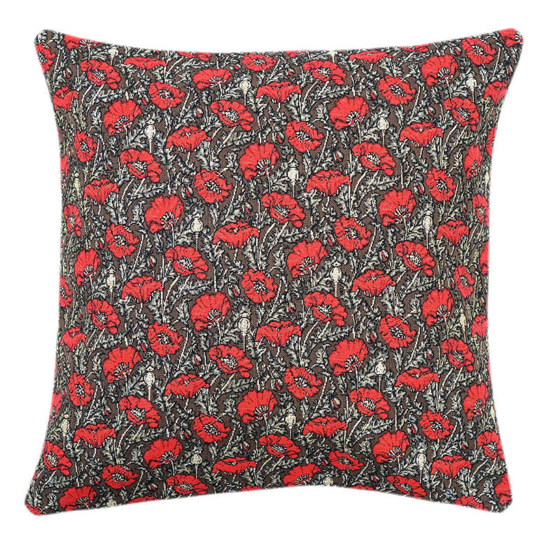Kissenhülle mit kleinen Mohnblüten – Gobelin Design in Braun