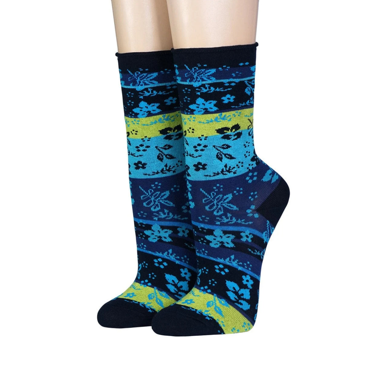 Crönrt Damensocken Blüten und Streifen marineblau