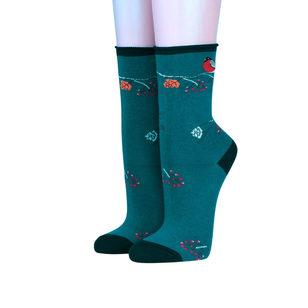 Damensocken mit Motiv Singvögel auf petrol Crönert