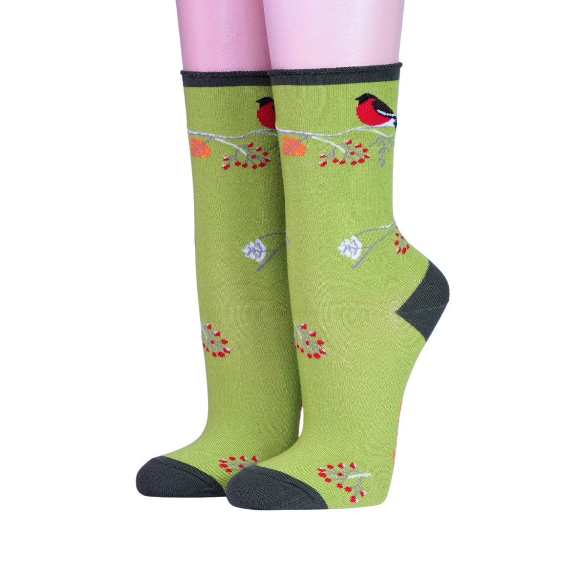 Crönert Damensocken Motiv Singvögel auf hellgrün