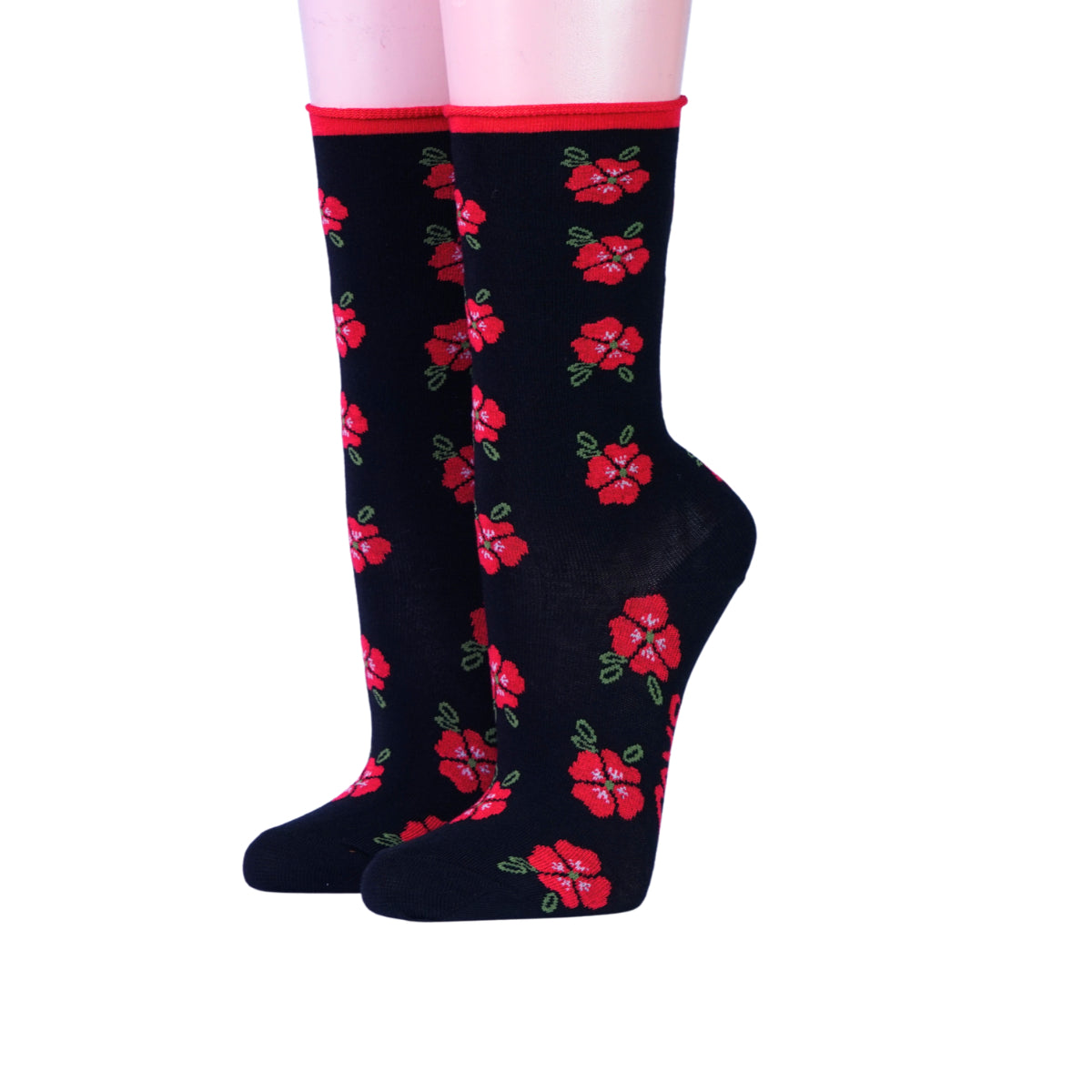 Crönert Damensocken rote Blüten auf schwarz
