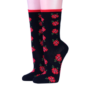 Crönert Damensocken rote Blüten auf schwarz