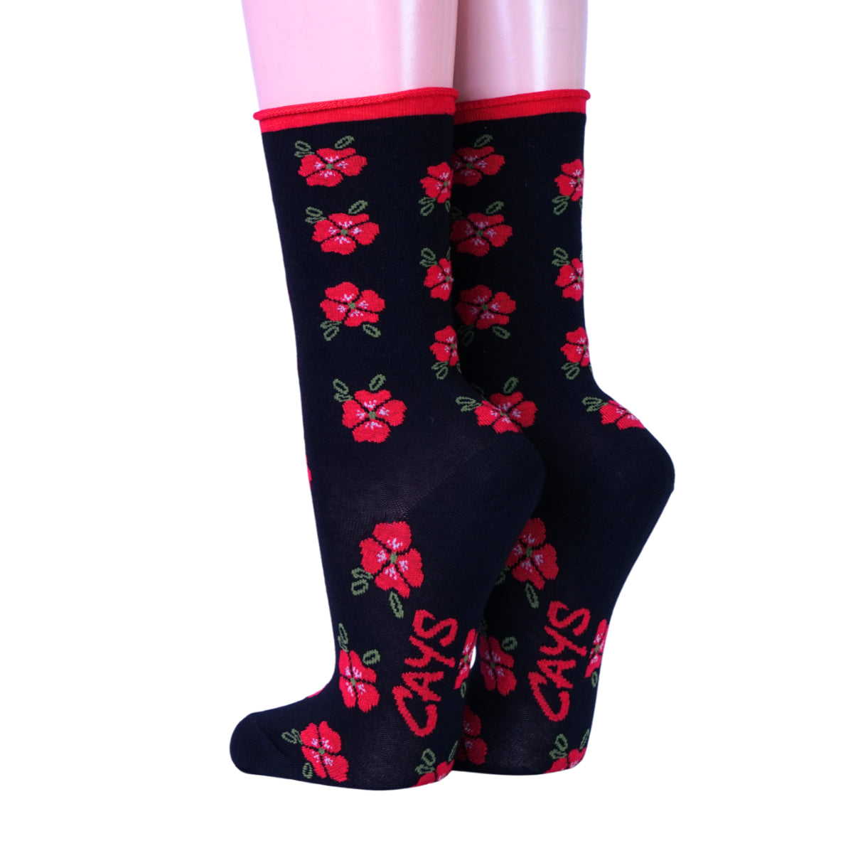 Crönert Damensocken mit Rollrand rote Blüten