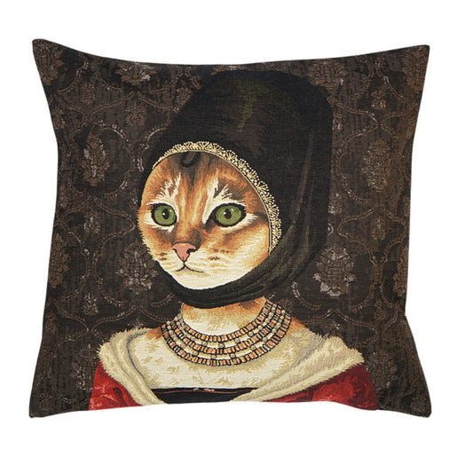 Gobelin Kissenhülle Katze mit Hennin – Dunkelbraun, 45×45 cm