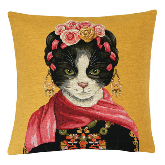 Gobelin Kissenhülle Katze mit Blumenkrone – 45×45 cm