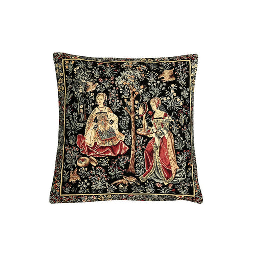 Gobelin Kissenhülle „Das Sticken“ – Millefleurs, 33×33 cm, Belgien