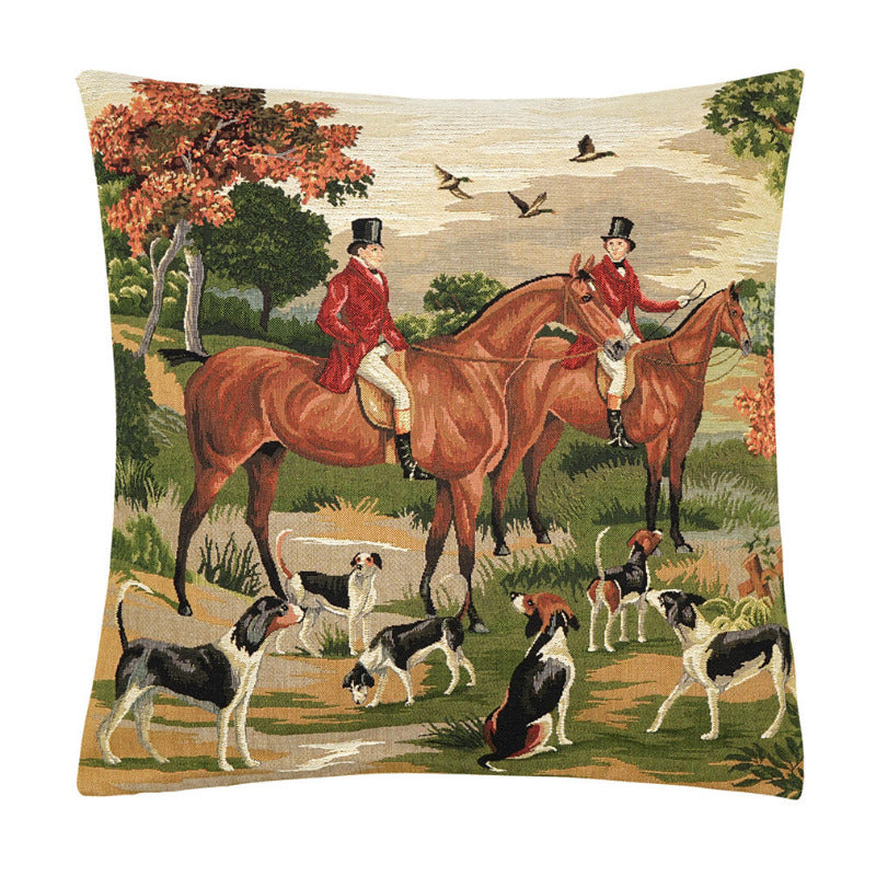 Gobelin Kissenhülle Jäger auf Pferden mit Hunden – 45x45