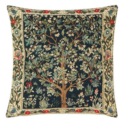 Kissenhülle „Tree of Life“ nach William Morris in kräftigen Farben auf Dunkelblau. Hochwertiger Gobelin, 45x45 cm, in Belgien gefertigt.