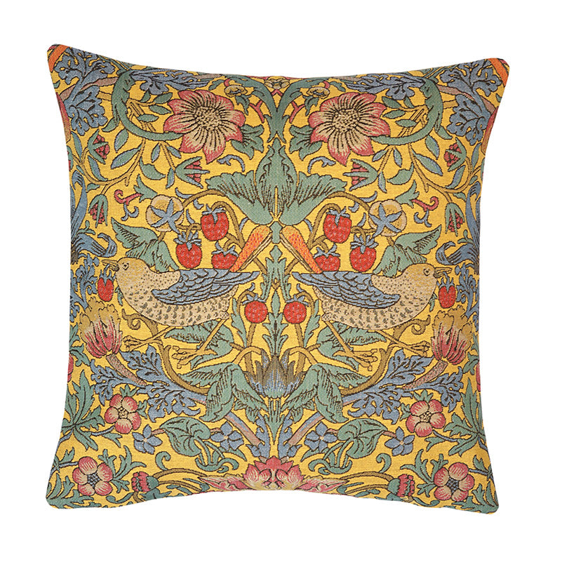 Kissenhülle Erdbeerdiebe – William Morris Design auf Gelb