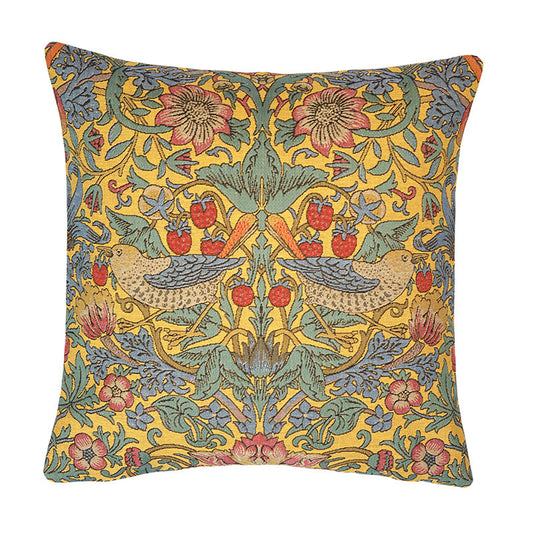 Kissenhülle Erdbeerdiebe – William Morris Design auf Gelb