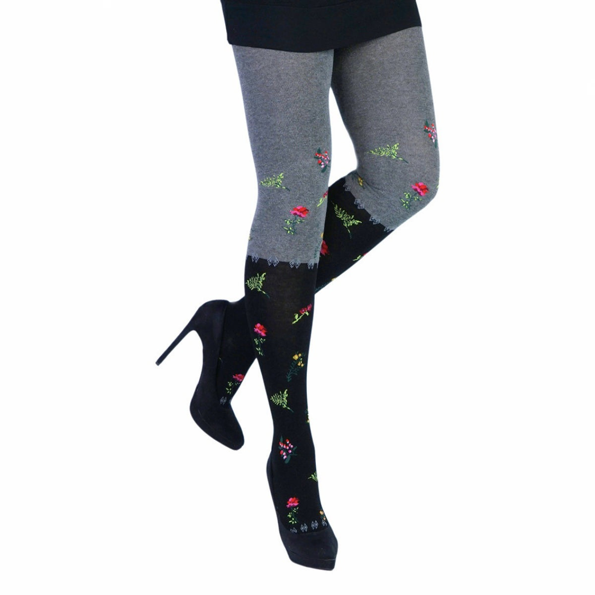 Crönert Lotti in Anthrazit: Gemusterte Damen-Strickstrumpfhose mit bunten Blumen, schwarzem Beinbereich und dekorativer Bordüre