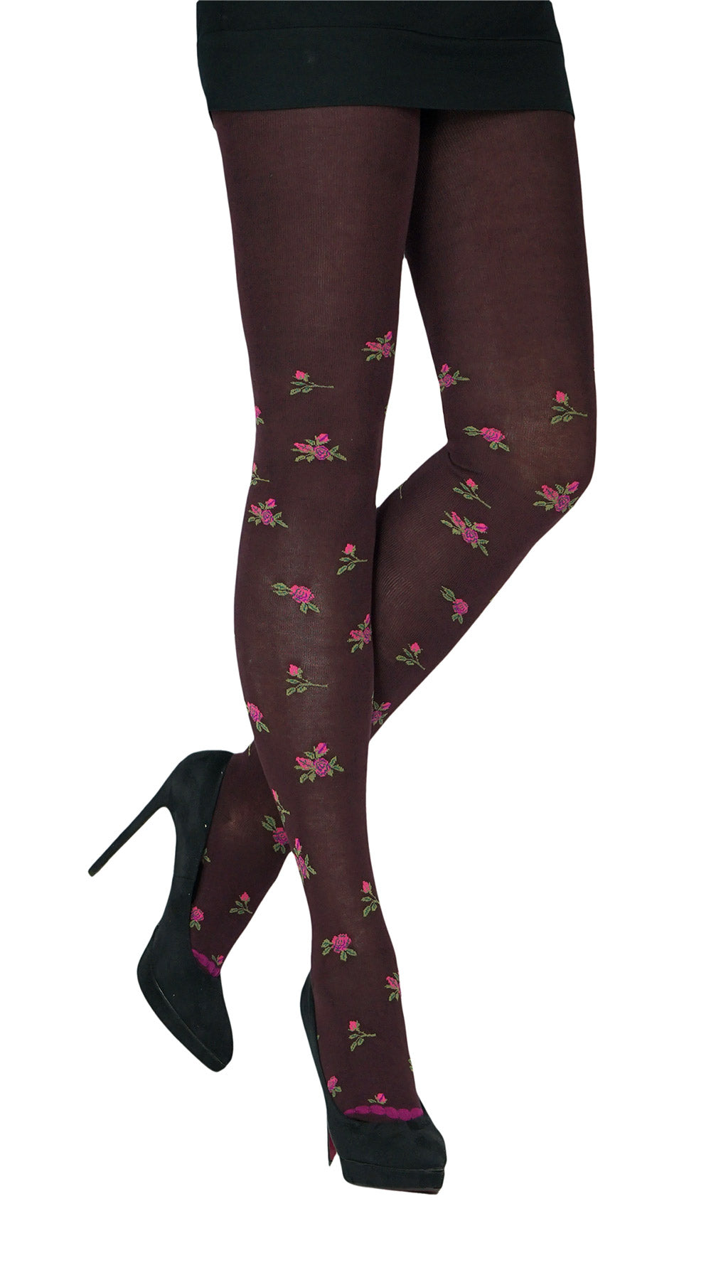 Strumpfhose mit Muster kleine Rosen blickdicht auf weinrot