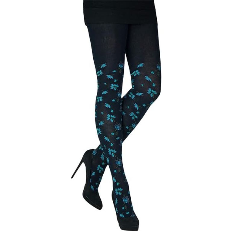 blaue Strumpfhose mit türkisfarbenen Blüten