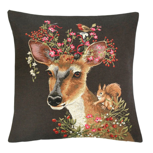 Gobelin Zierkissen Rehbock und Eichhörnchen vor braunem Hintergrund