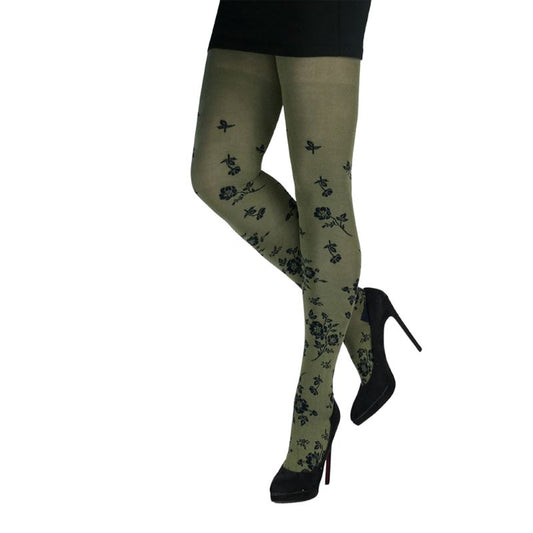 Croenert Strumpfhose oliv mit Blüten