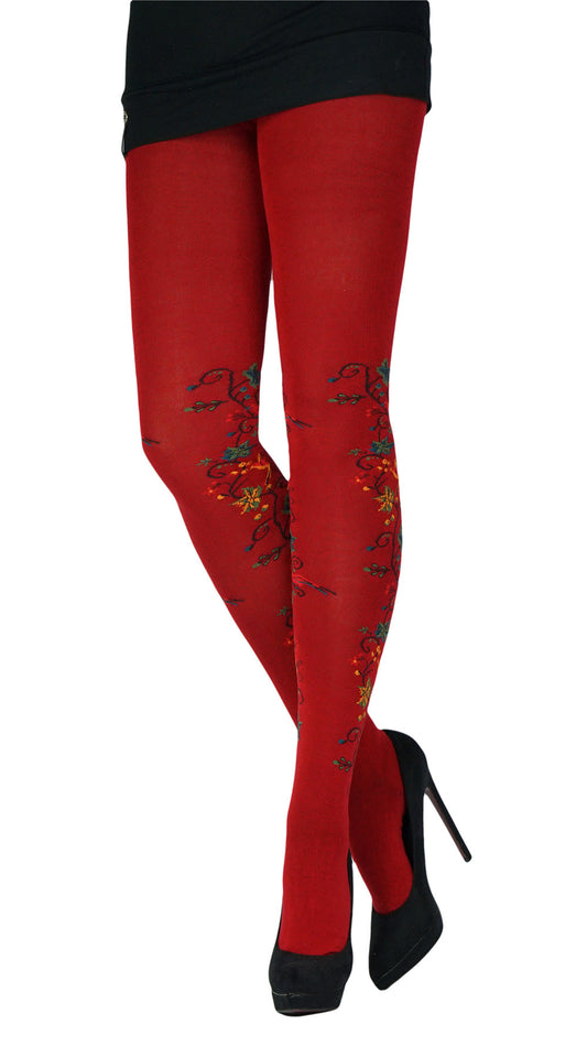 rote Strickstrumpfhose mit seitlichem Muster