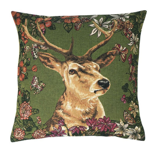 Gobelin Kissenhülle Hirschporträt auf Oliv – 45x45 cm