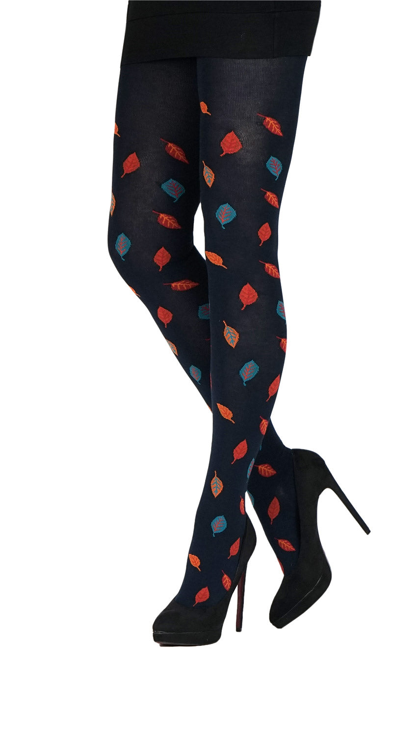 dunkelblaue Strickstrumpfhosen mit Herbstblättern