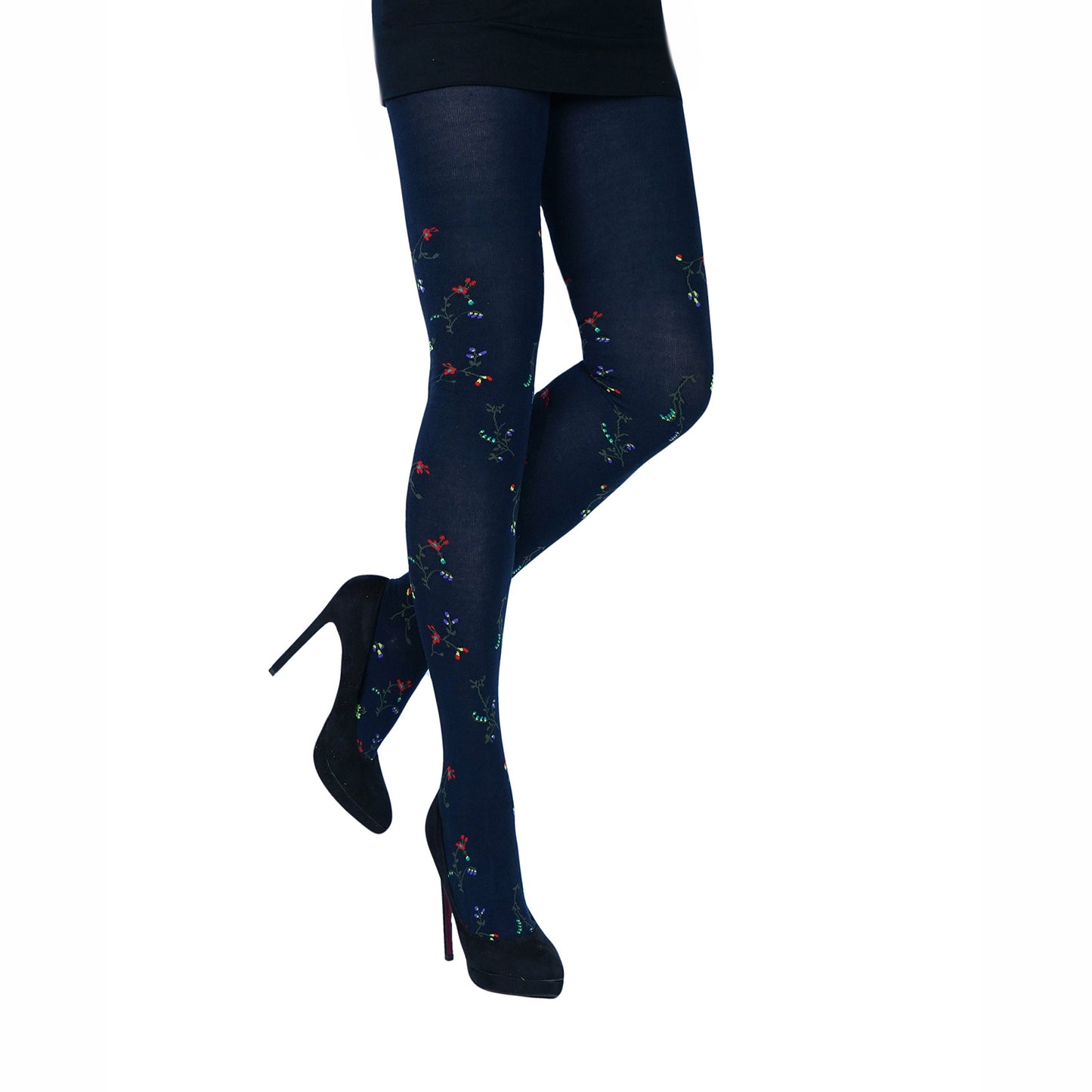 dunkelblaue Strickstrumpfhose mit Streublumen